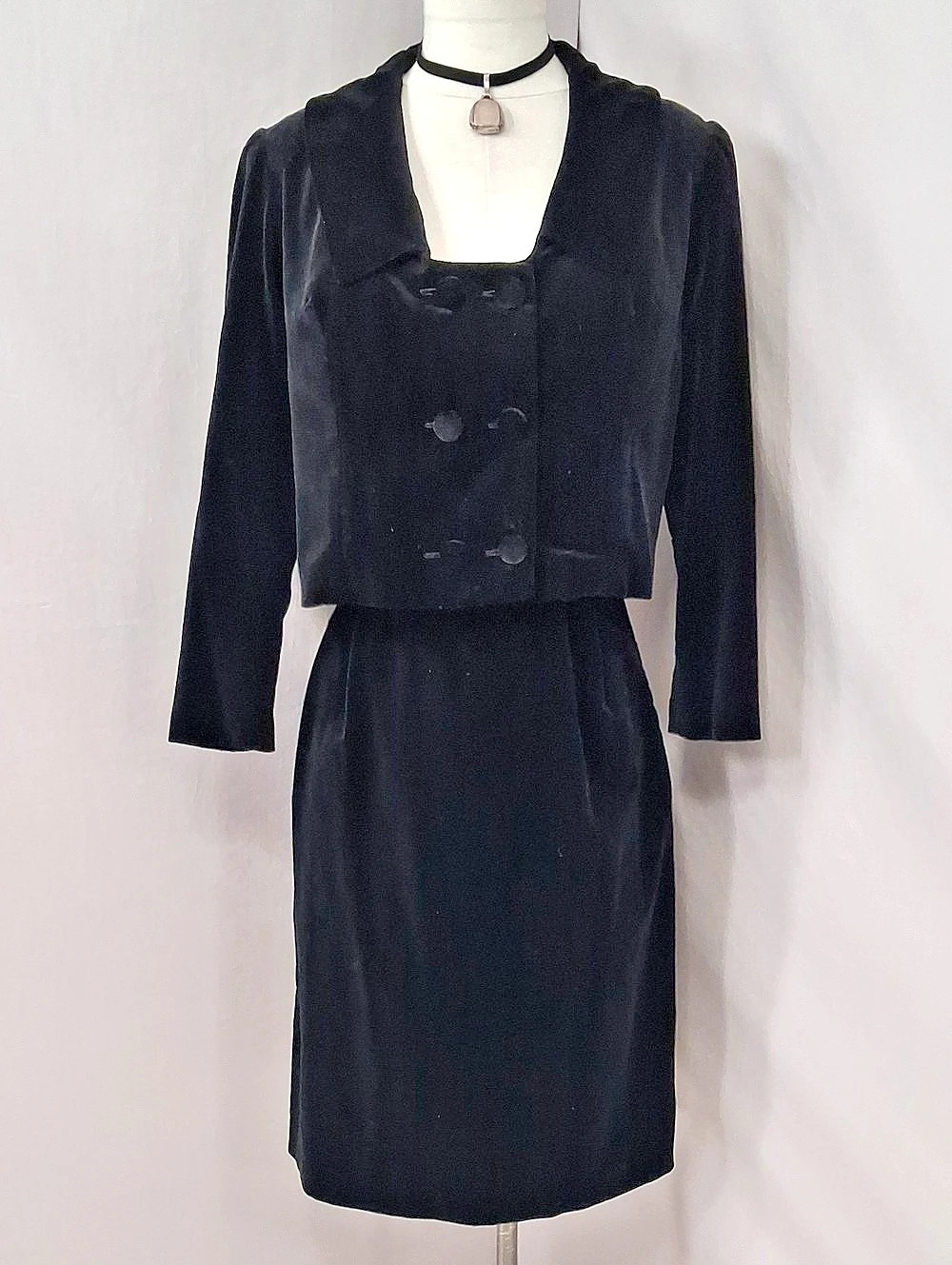 Vintage 50s - 60s Black Velvet Mini Dress Set Skirt Suit See Measurements